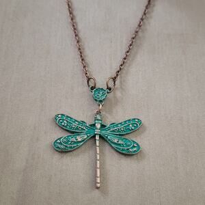 Copper tone & green verdigris patina bogo dragonfly necklace
